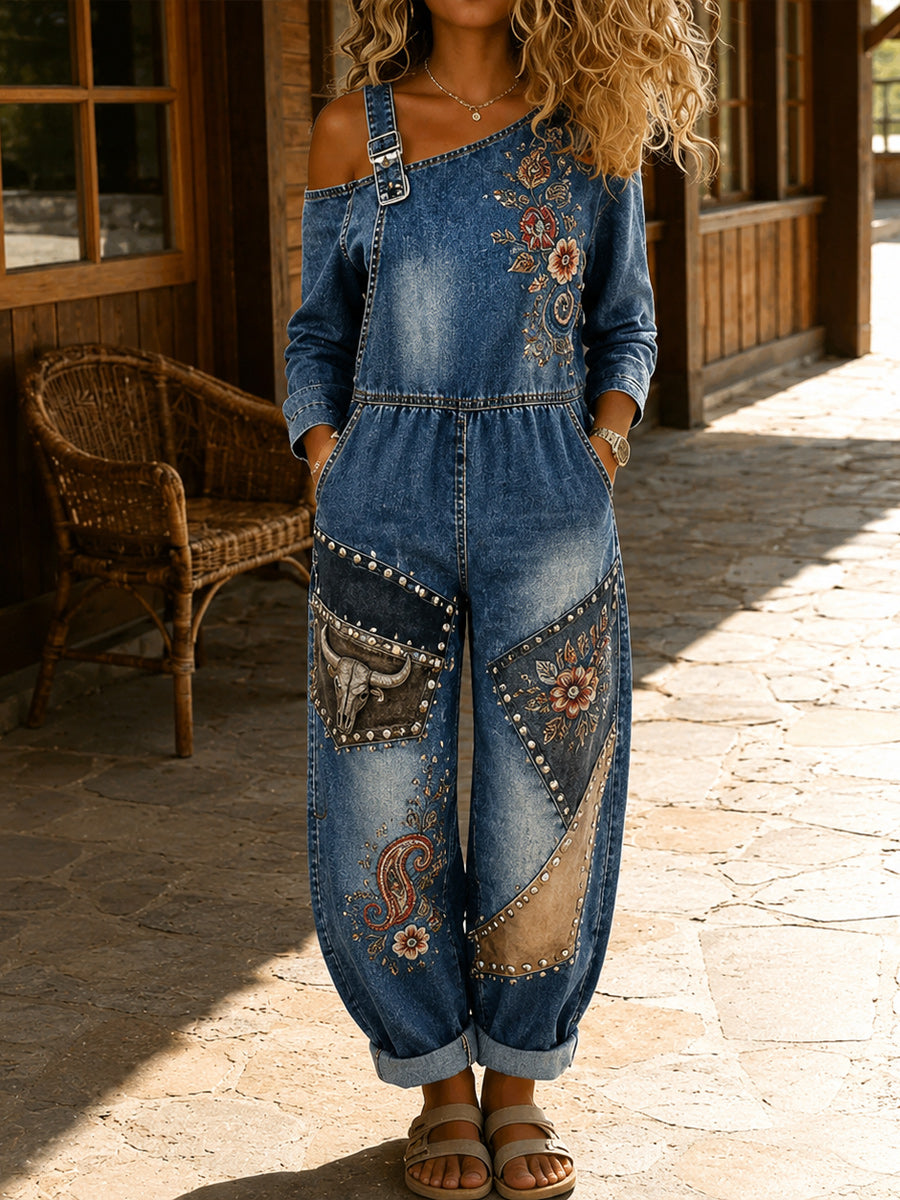 Women's Retro Style Art Print Washed Cotton Denim Patchwork Jumpsuit